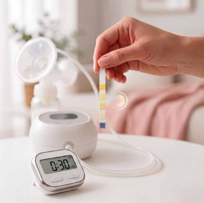 A hand holding a test strip while a timer counts down