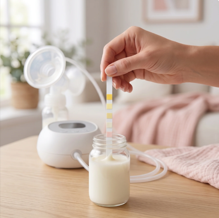 A hand dipping a test strip into a small jar of breast milk