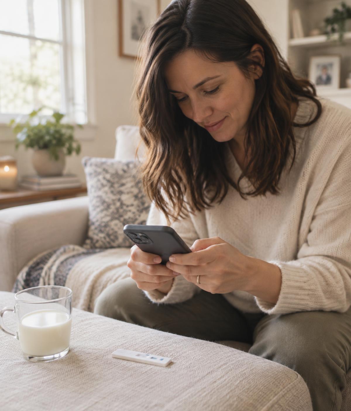 A mom at home holding her phone over a MamaLabs test strip
